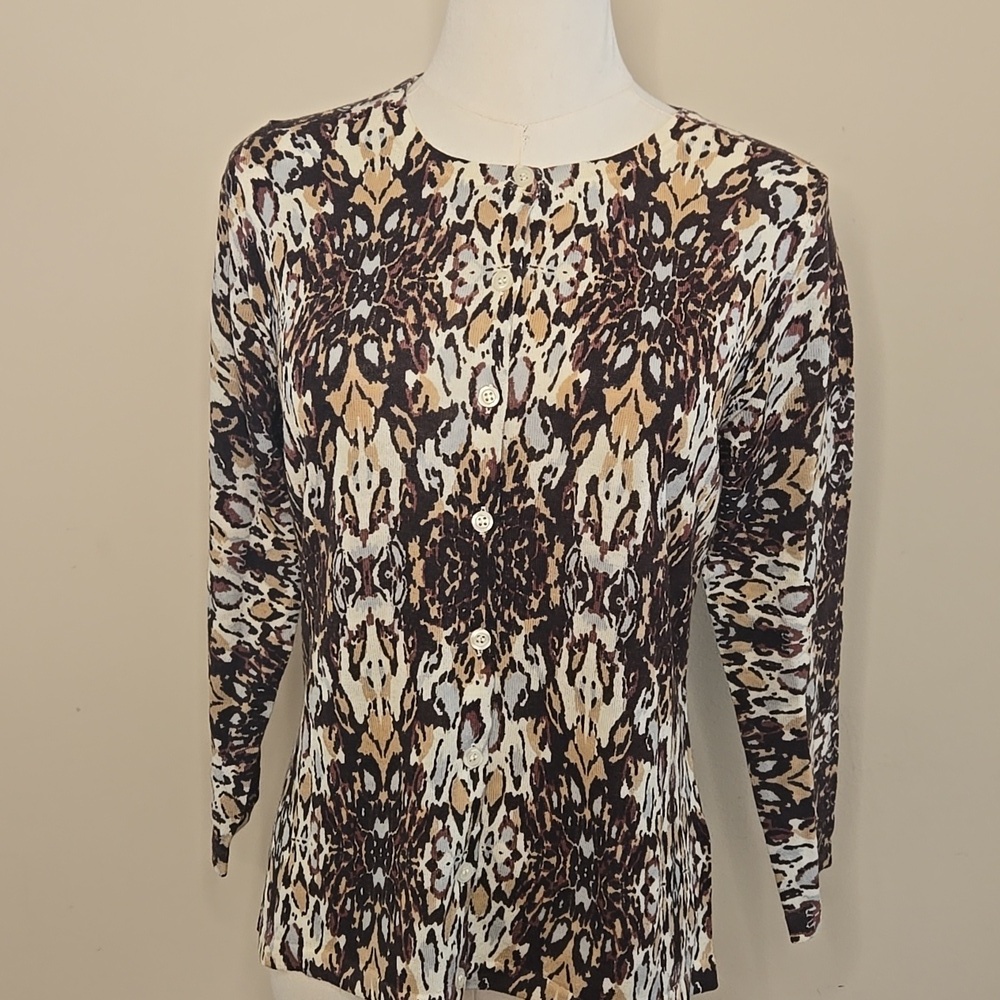 Garnet Hill‎ Merino Wool Animal Print Cardigan Small NWT (Flaw)